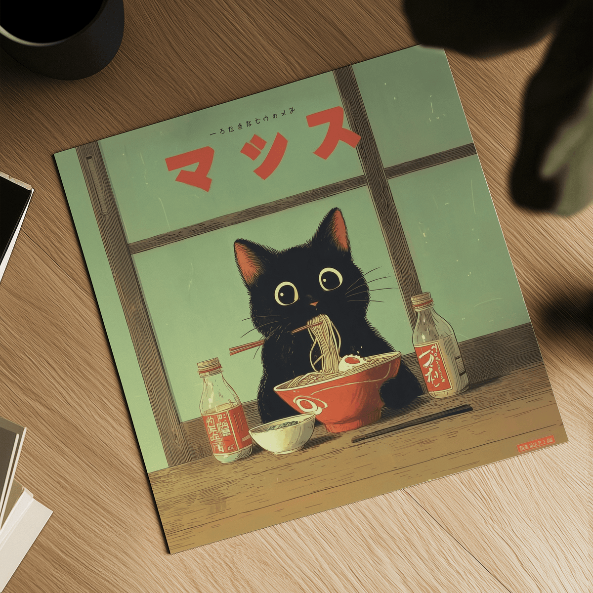 Detailed close-up of Ramen Cat Art illustration with a black cat eating ramen in Japanese ink style
