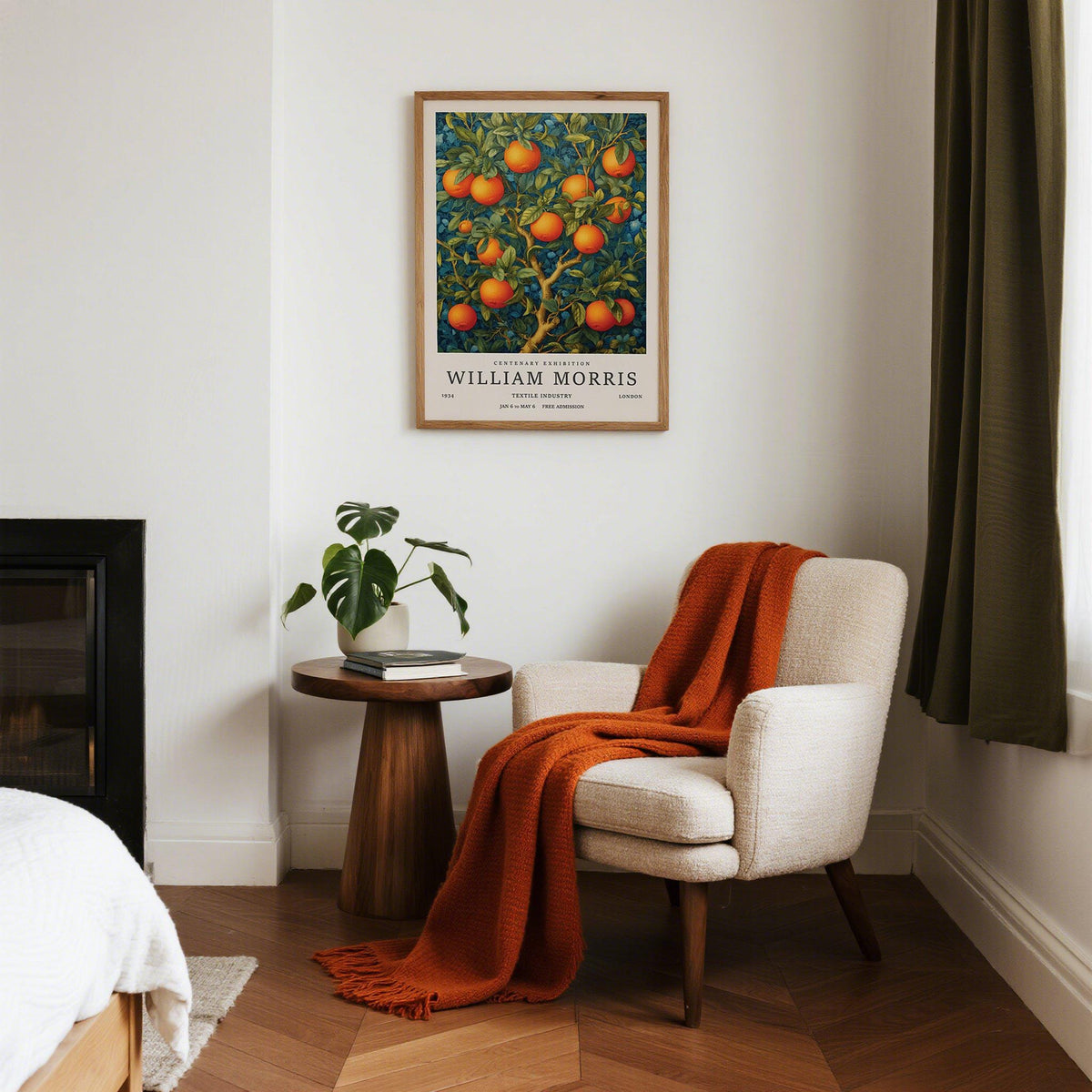 Orange Tree wall art with fruit colours in a calm room with armchair and side table