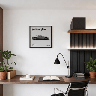 Classic 1960s Supercar Poster hung above a wooden desk with plants and books in a study