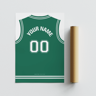 Basketball Jersey Poster in Green with White Number rolled print alongside a brown packaging tube
