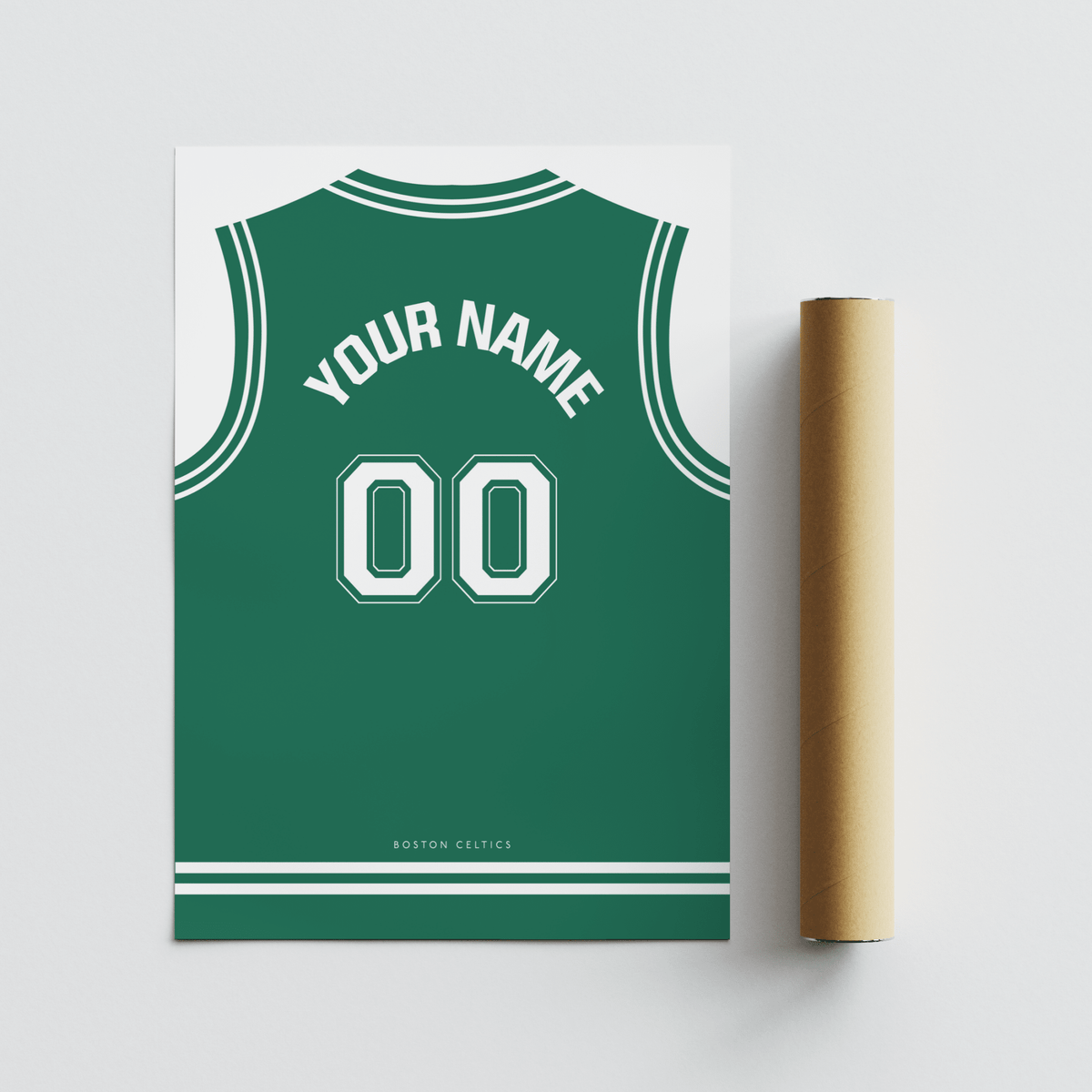 Basketball Jersey Poster in Green with White Number rolled print alongside a brown packaging tube