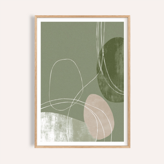 Minimalist Line Art framed print with abstract shapes in green and beige on a plain background