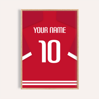 Framed Football Shirt Poster in Red with Bold White 10 with custom text Your Name