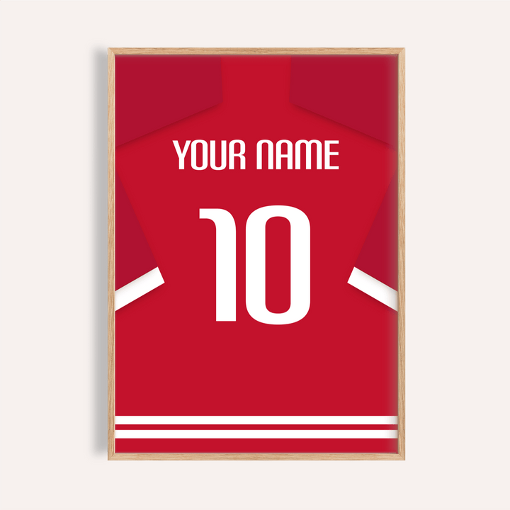 Framed Football Shirt Poster in Red with Bold White 10 with custom text Your Name