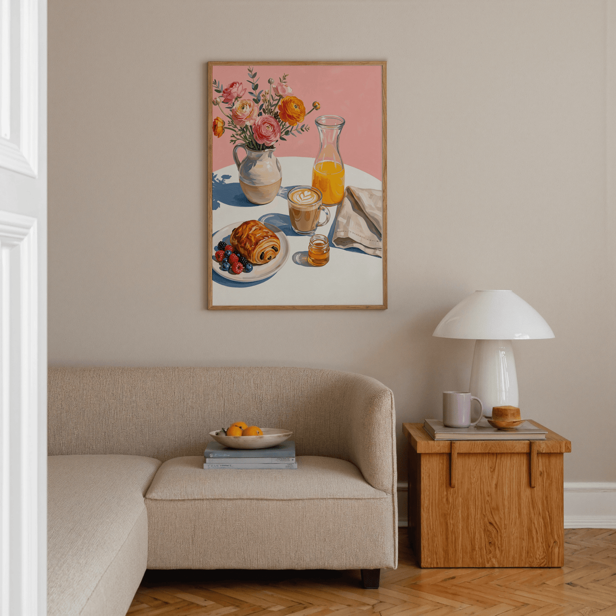 Breakfast Wall Art print of a breakfast table scene with orange juice and flowers above a sofa