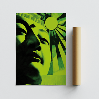 Zen Face wall art print with green and black minimalist pop-art design beside packaging tube