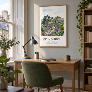Edinburgh Cityscape Art Print, framed on the wall of a calm home study in a Scottish city flat with a soft grey wall and a tall sash window