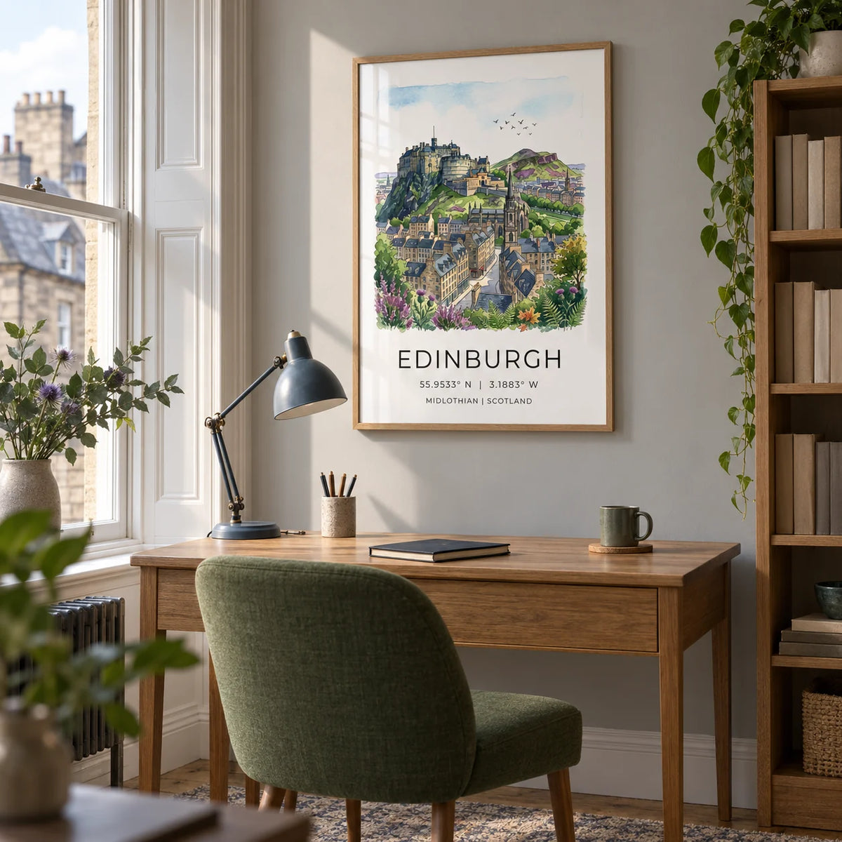 Edinburgh Cityscape Art Print, framed on the wall of a calm home study in a Scottish city flat with a soft grey wall and a tall sash window
