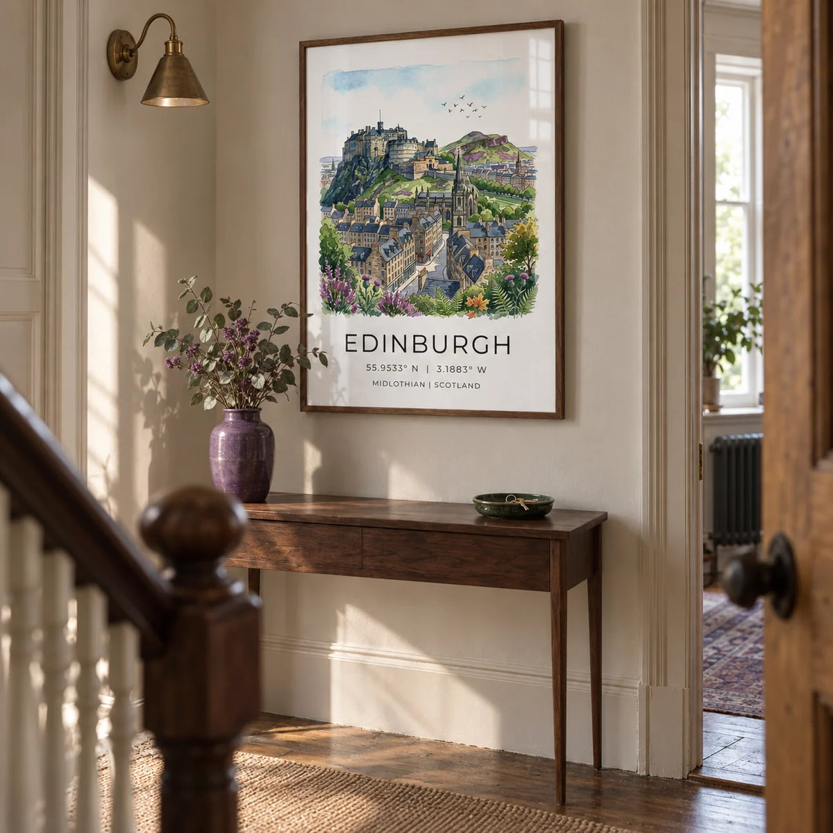 Edinburgh Cityscape Art Print, framed on the wall of a characterful hallway in a Victorian terraced home with pale stone walls and original timber doors