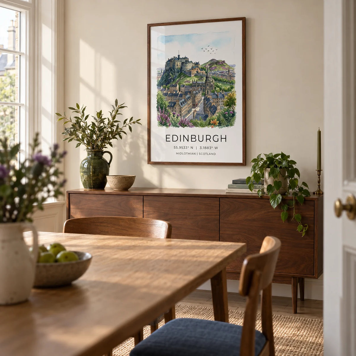 Edinburgh Cityscape Art Print, framed on the wall of a modest dining room in a traditional UK townhouse with warm ivory walls and a plain oak dining table