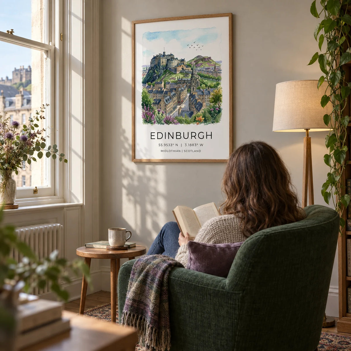 Edinburgh Cityscape Art Print, framed on the wall of a quiet reading corner beside a sash window in a period flat with a pale warm grey wall in a living room