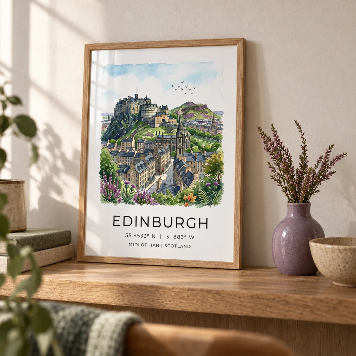 Edinburgh Cityscape Art Print, a small A4 framed print leaning on an oak shelf in a living room