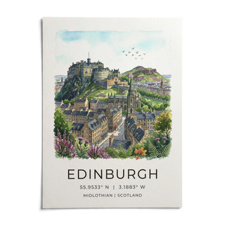 Edinburgh Cityscape Art Print, shown as an unframed paper print on a plain white background