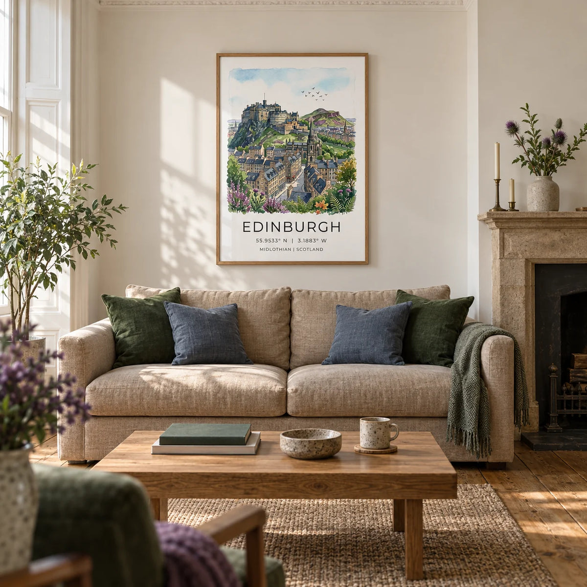 Edinburgh Cityscape Art Print, framed on the wall of a welcoming living room in an Edinburgh tenement flat with a high ceiling