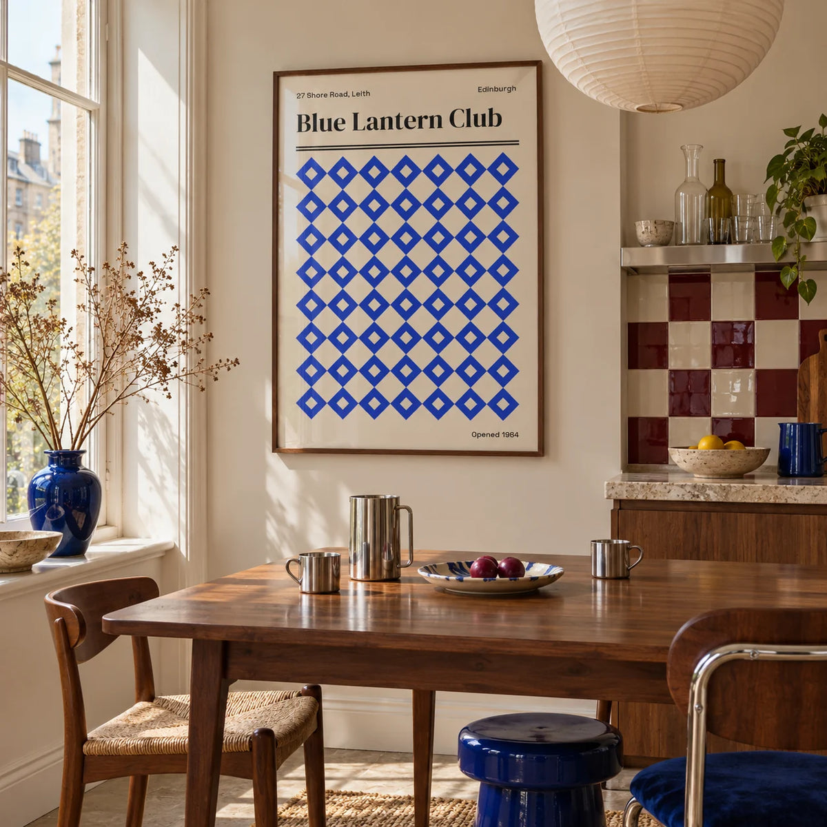Edinburgh Print, framed on the wall of a kitchen dining corner by a tall window in soft daylight
