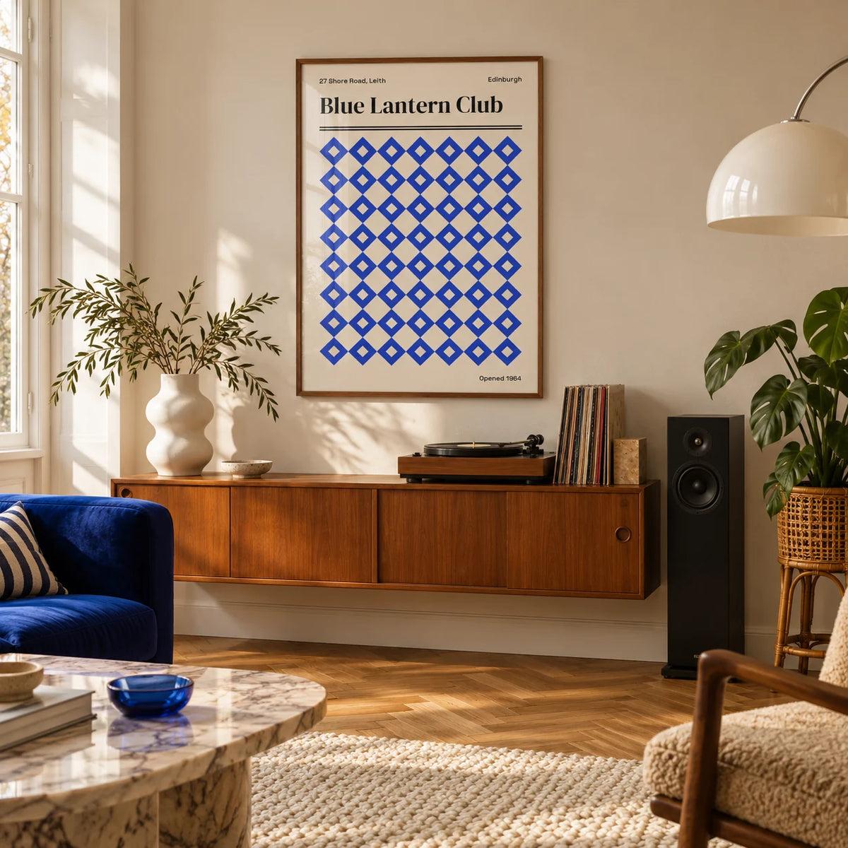 Edinburgh Print, framed on the wall of a living room with herringbone parquet