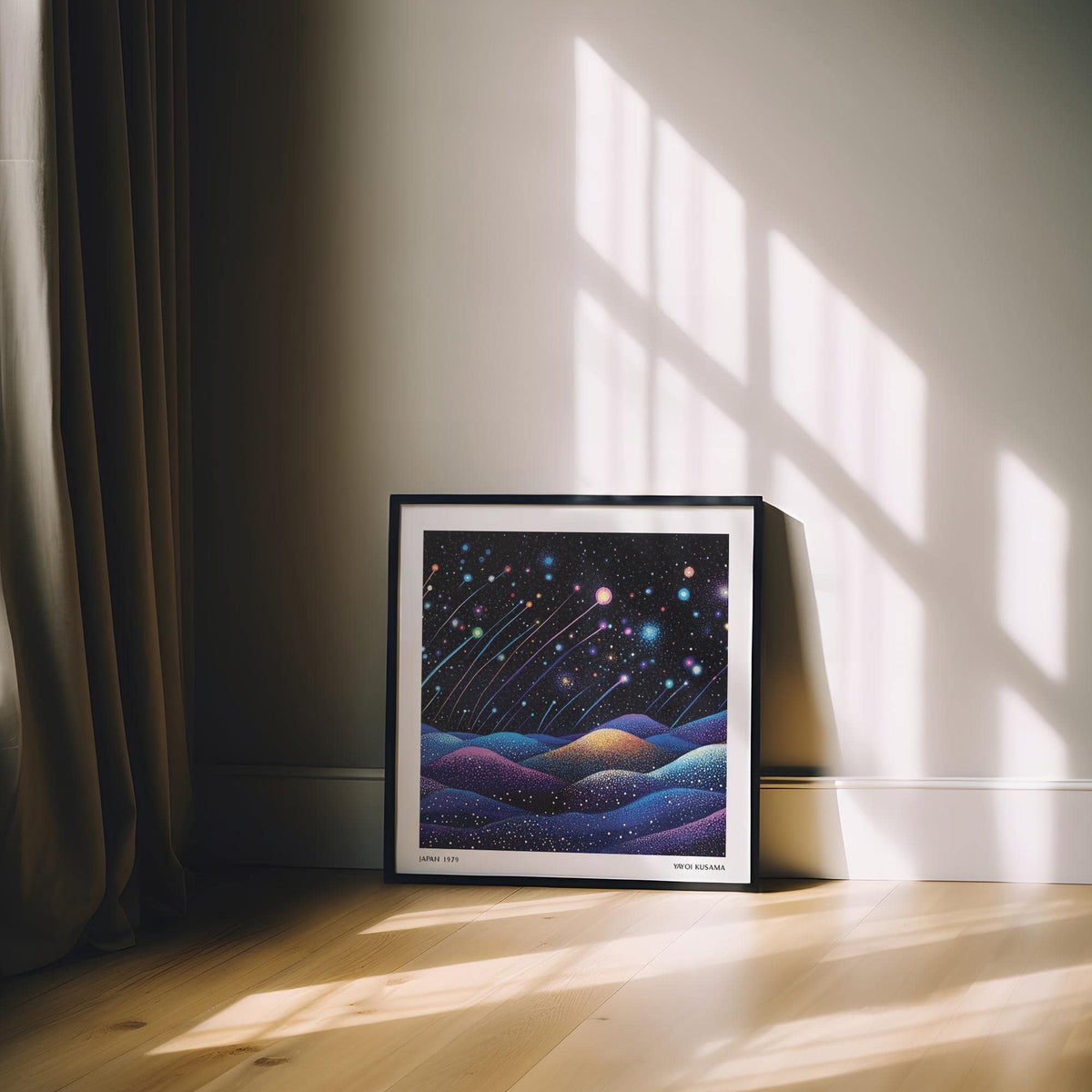 Galaxy wall art of cosmic shooting stars in blue and purple tones leaning against a sunlit wall