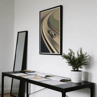 Vintage Motorsport wall art minimalist retro racing car on track above a black table with plant