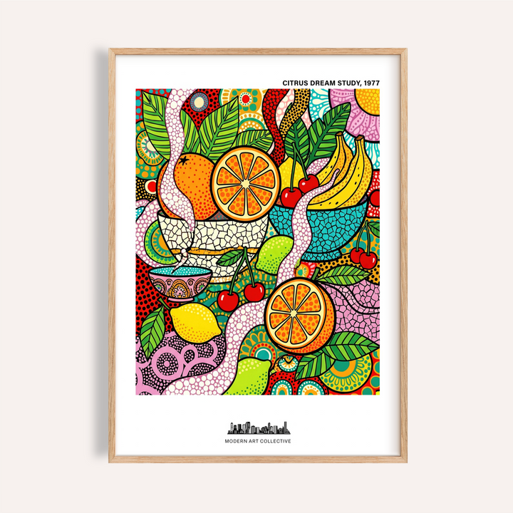 Close-up of colorful fruit art print with citrus and cherries in pop-art style with a light wooden frame