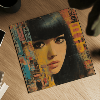 Close-up of Japanese Woman Art wall art featuring a portrait with black hair and yellow and red background on a wooden table