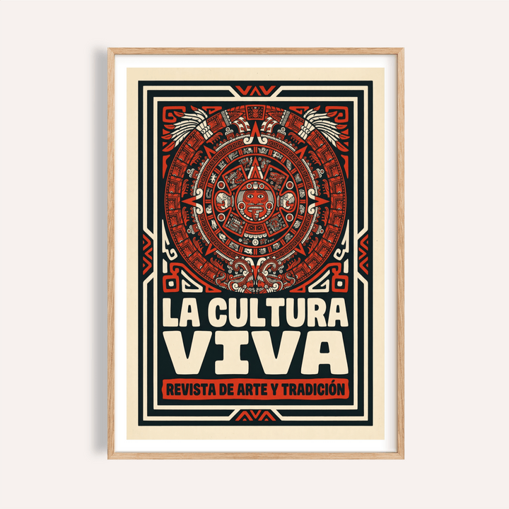 Framed Aztec Culture Art Print with red, black and cream folk-art style details on a wall