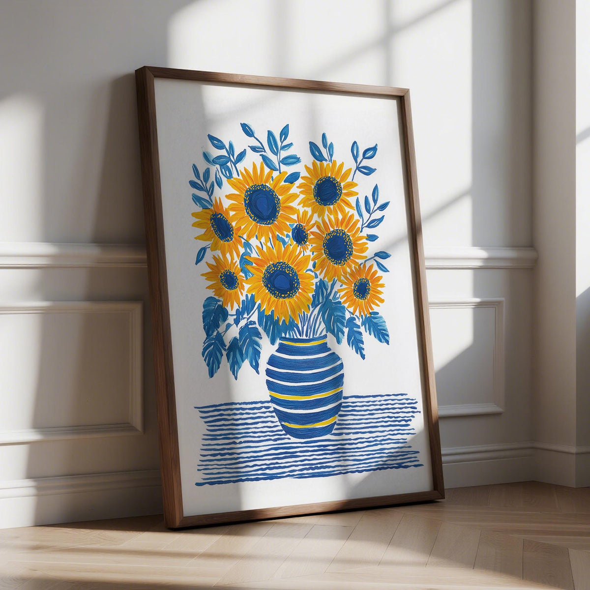 Sunflower Print framed print close-up showing sunflowers in blue striped vase leaning against wall