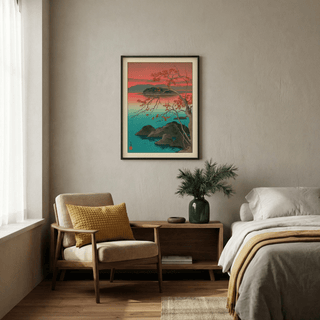 Print on a wall of Hasui Kawase Maple Leaves Print with autumn maple leaves and rocks beside a bed