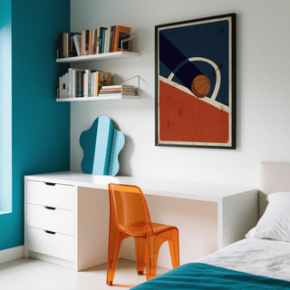 Vintage Basketball Poster print on wall in a bedroom with white desk and orange chair