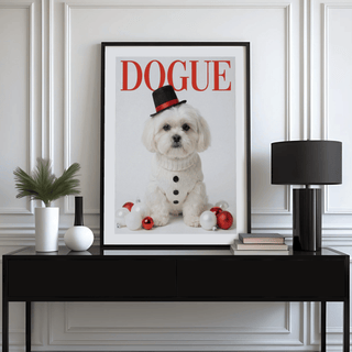Print on a wall in a room of a white Shih Tzu dog with Christmas baubles and black hat above a black sideboard