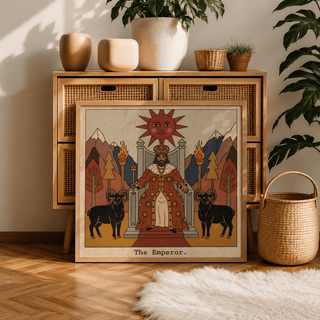 The Emperor Tarot Card Art print leaning on a wooden sideboard with plants and pottery