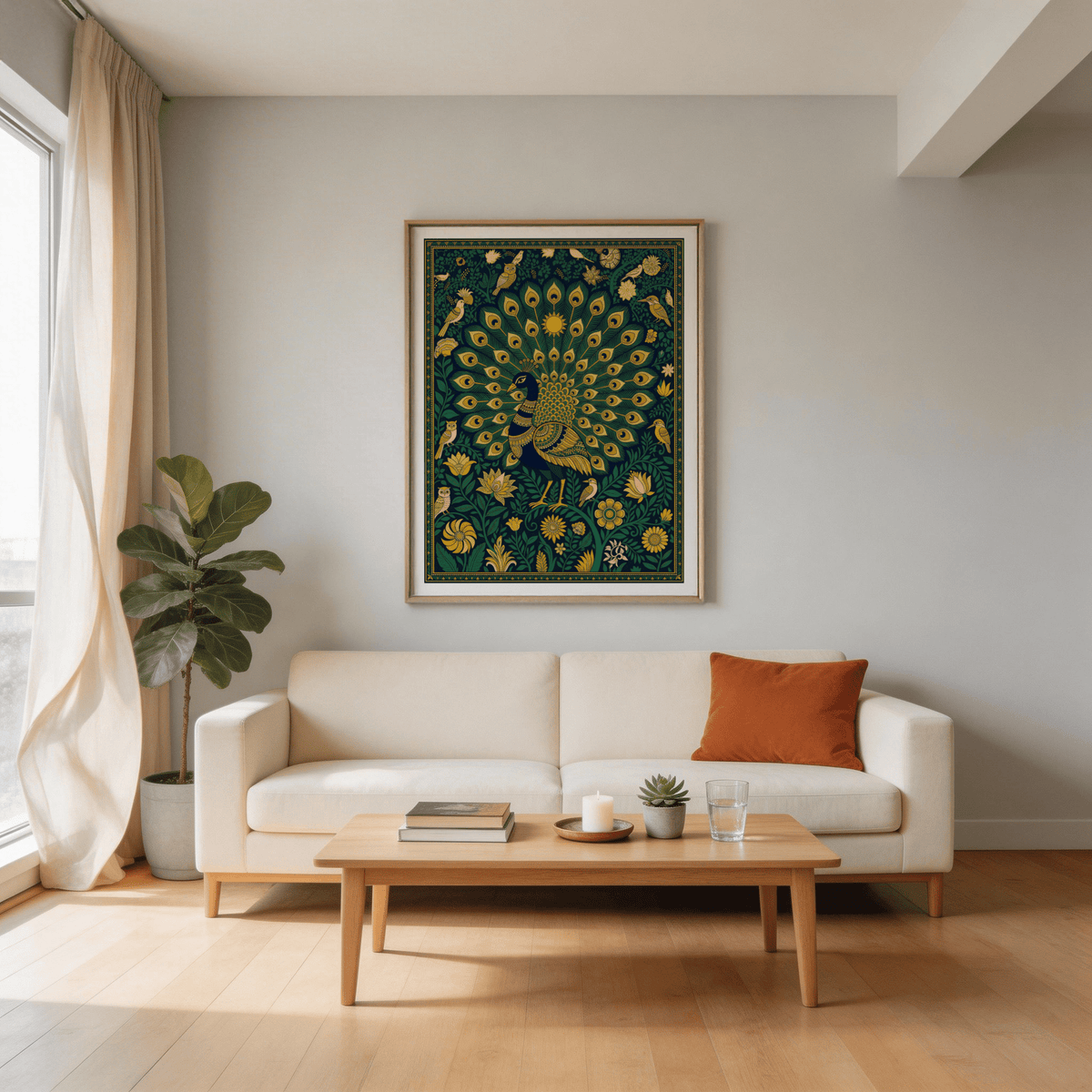 Peacock art print of a decorative peacock in dark green and gold above a white sofa in a living room