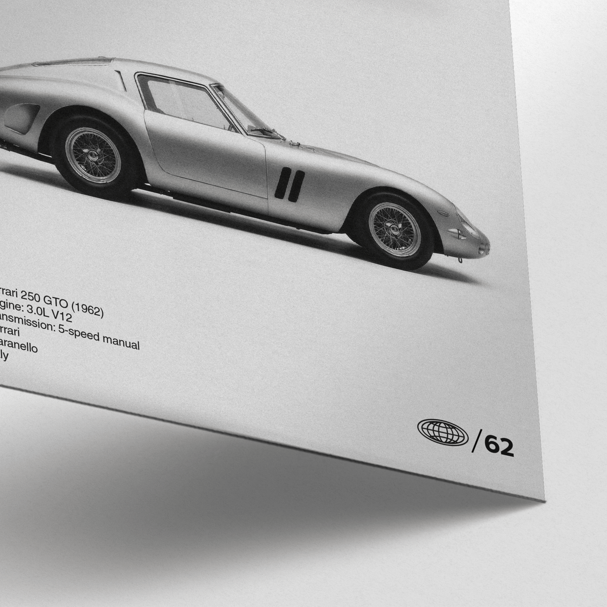 Close-up of a classic car side profile poster in grey tones displayed in a lounge