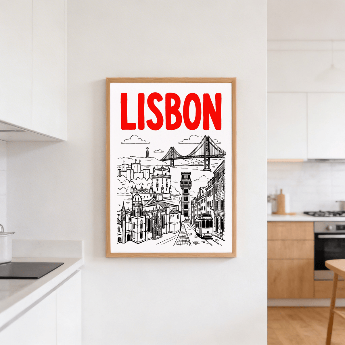 Lisbon Travel Art print of Lisbon landmarks in red and black lines in a kitchen