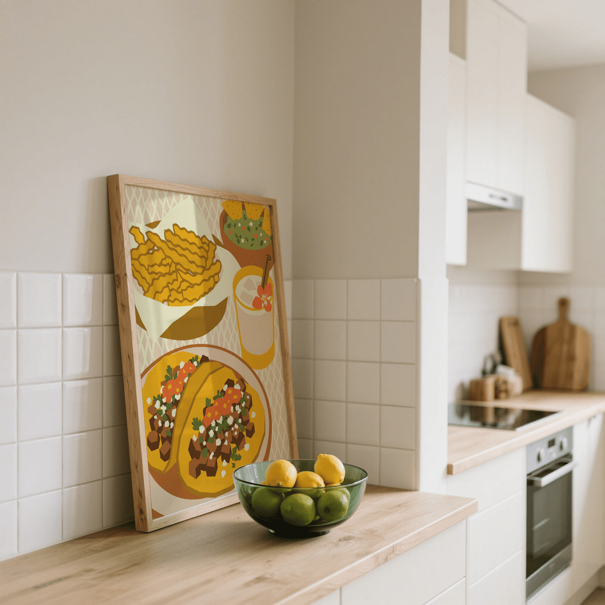 Mexican Cuisine Poster leaning on kitchen counter with bowl of lemons and limes nearby