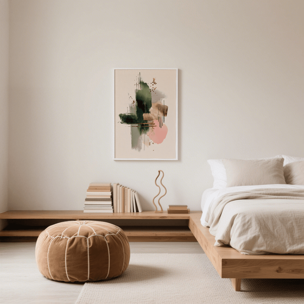Contemporary Art Poster print with abstract brushstrokes in green beige and pink above a wooden shelf with books