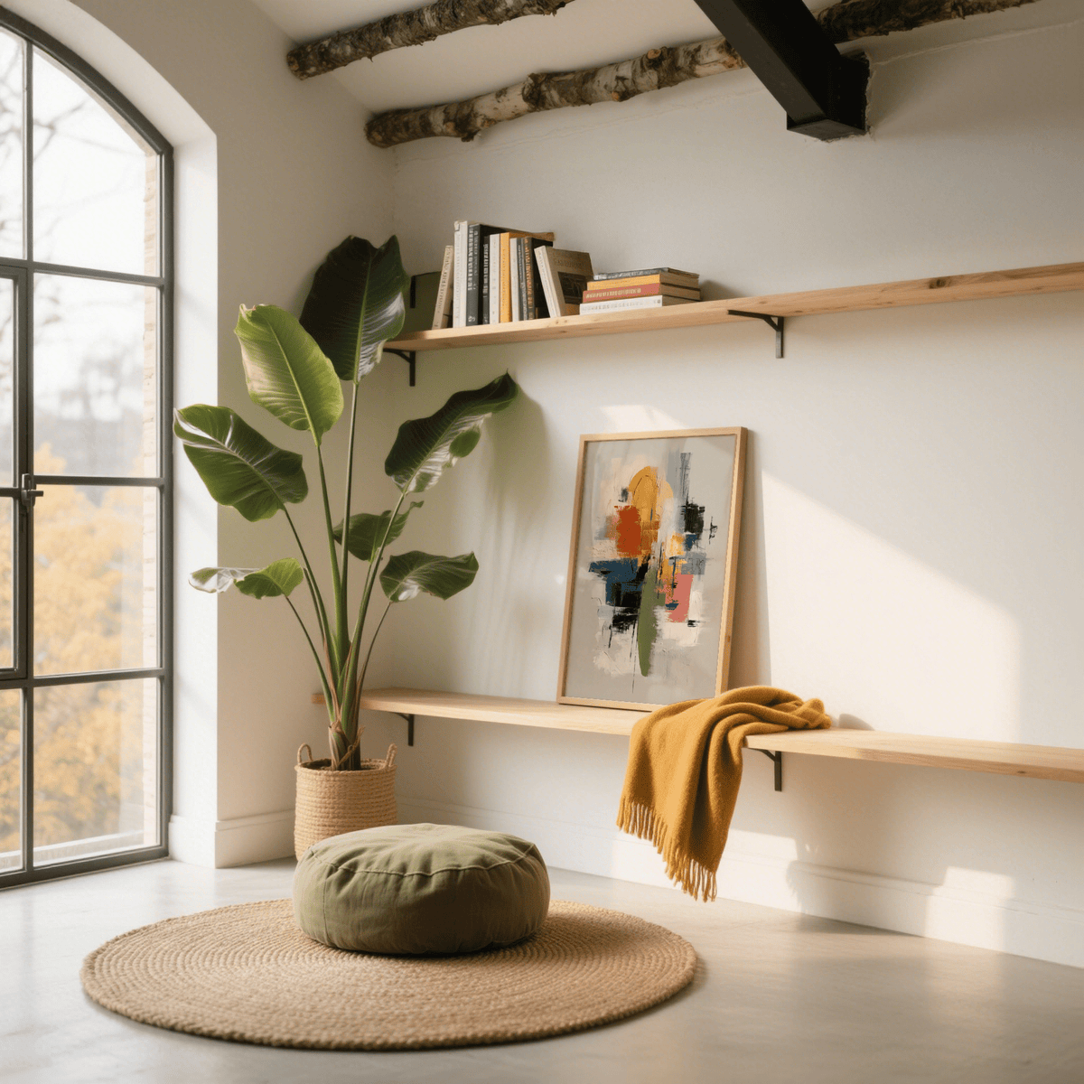 Print leaning on a wooden shelf with colourful abstract textured shapes and a green plant nearby