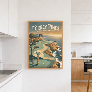 Clifftop Golf wall art of a vintage style golfer at a cliff golf course in a kitchen