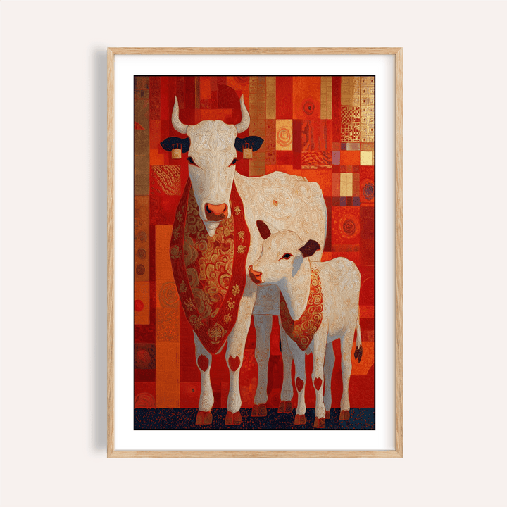 Framed Sacred Cow wall art of white cow and calf with red patterned scarves