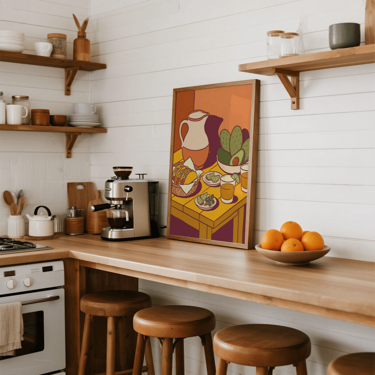 Taco Art Print leaning on a kitchen counter next to a bowl of oranges in a bright kitchen