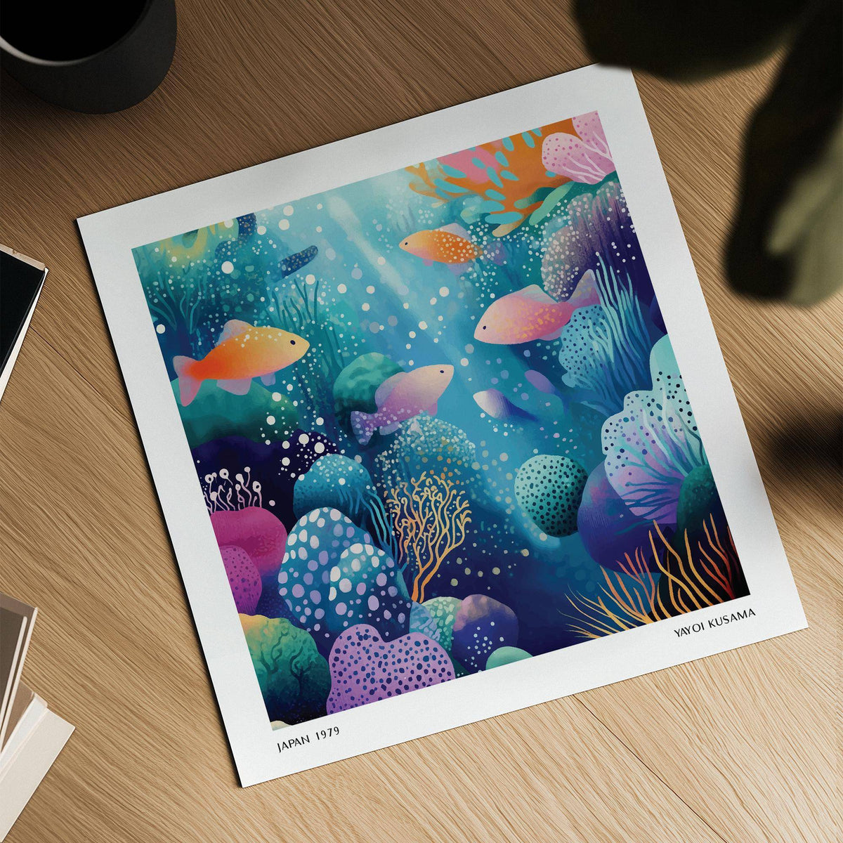 Coral Reef wall art laid on a wooden table with leafy plant shadow nearby