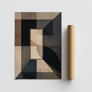 Wabisabi Art Print showing abstract geometric shapes in muted browns and blacks with a packaging tube nearby