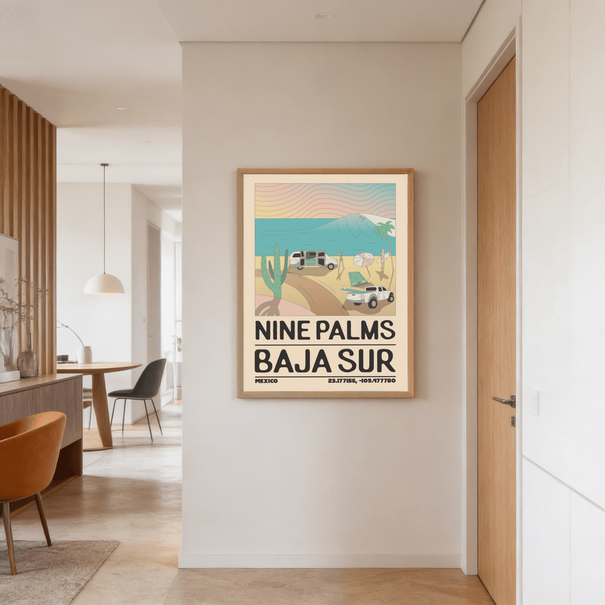 Baja Sur wall art of minimalist beach scene with waves in pastel colours in a hallway