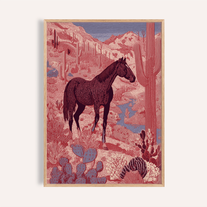 Western horse wall art featuring a black horse standing in a red desert landscape with cacti