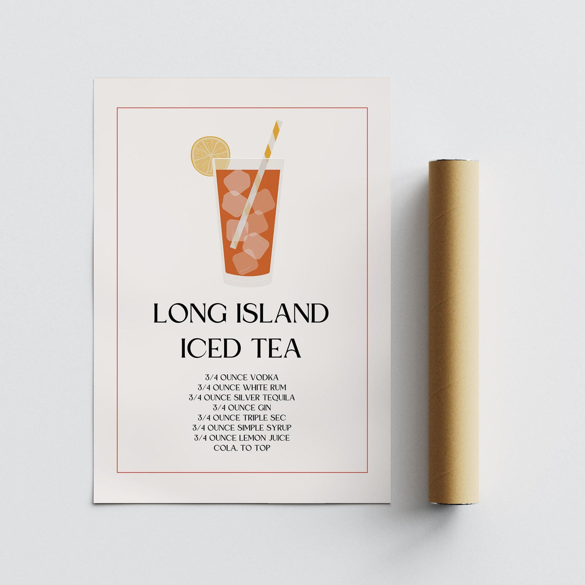 Bar Sign Decor print showing Long Island Iced Tea recipe with a brown packaging tube beside it