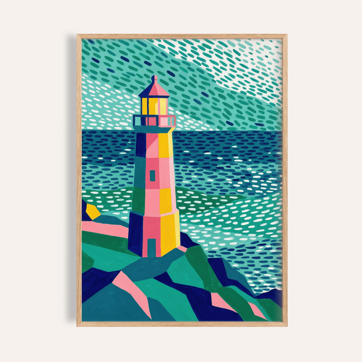 Colourful Lighthouse Print framed close-up of an abstract colourful lighthouse with a teal sea background