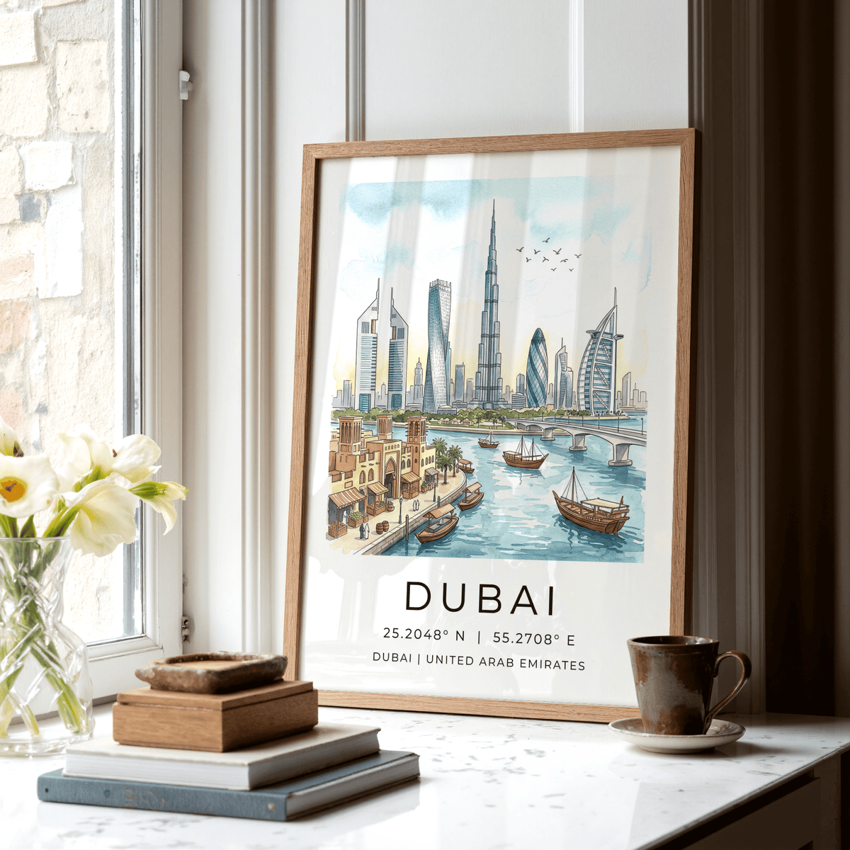 Framed Dubai skyline wall art with watercolour illustration in soft blues and browns leaning near a window with flowers