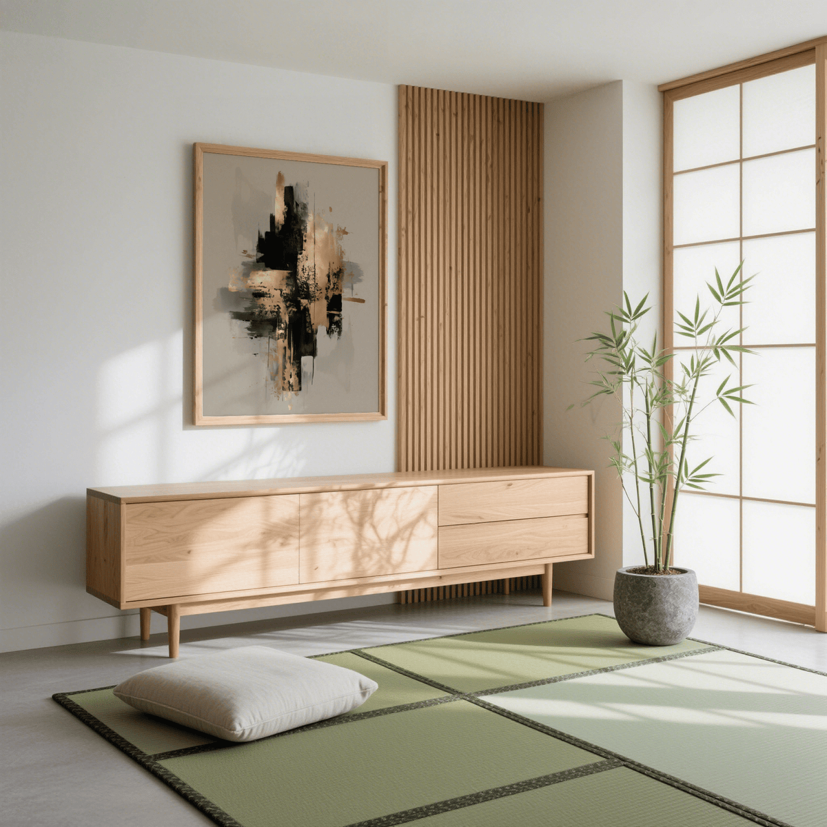 Print on a wall with black and gold brush strokes above a wooden sideboard in a minimalist room