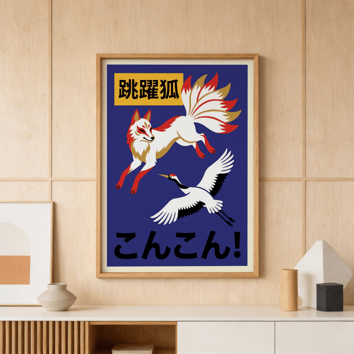 Print of Cranes And Fox Poster with nine-tailed fox and crane in japanese-ink style above a shelf