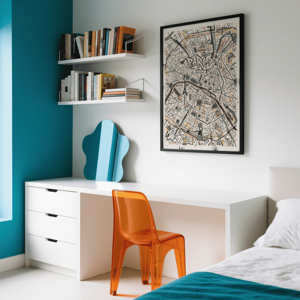 Print on a wall of Paris Map Art Print with black frame above a white desk and orange chair