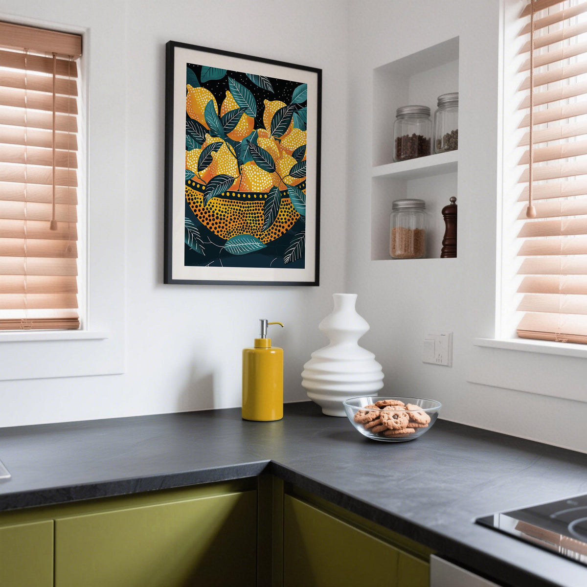 Lemon wall art framed print of yellow lemons in a dotted bowl in a kitchen corner with yellow soap dispenser